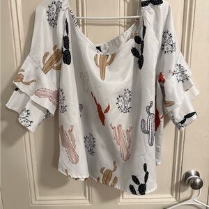 SHEIN White Cactus Print Blouse